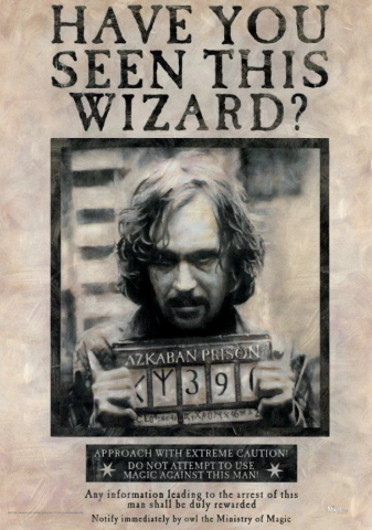 Wanted poster for Sirius Black with the words "Have you seen this wizard?"