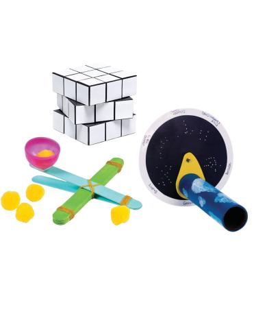 Image of catapult, rubix cube, and constellation kit