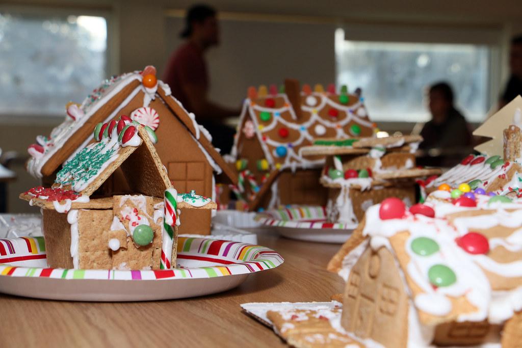 Graham crackers and frosting made in house shape with candy added