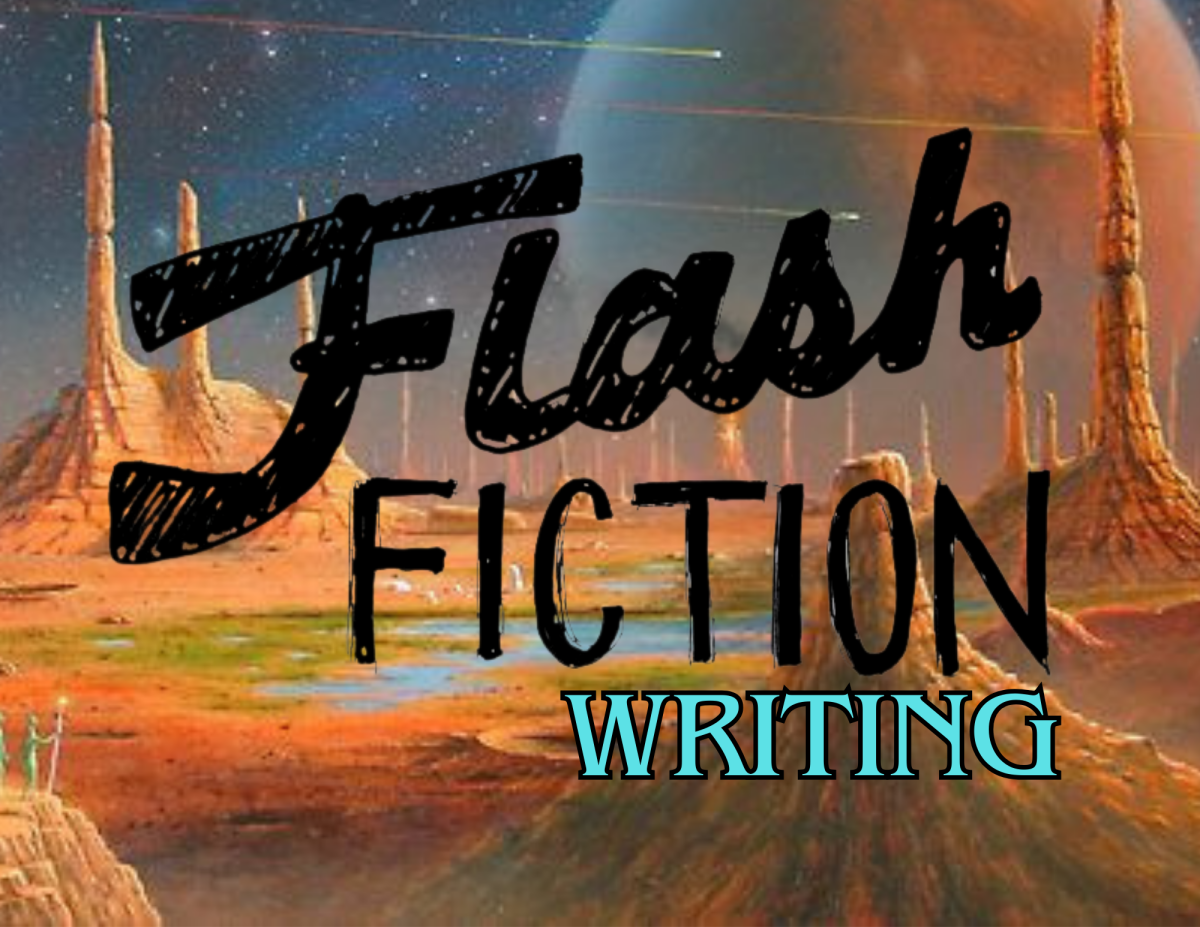 Image of alien world with "flash fiction writing" written across it